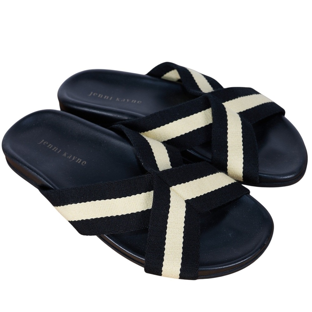 Jenni Kayne Black Ivory Striped Canvas Crossover Slide Sandals Made in Italy 38